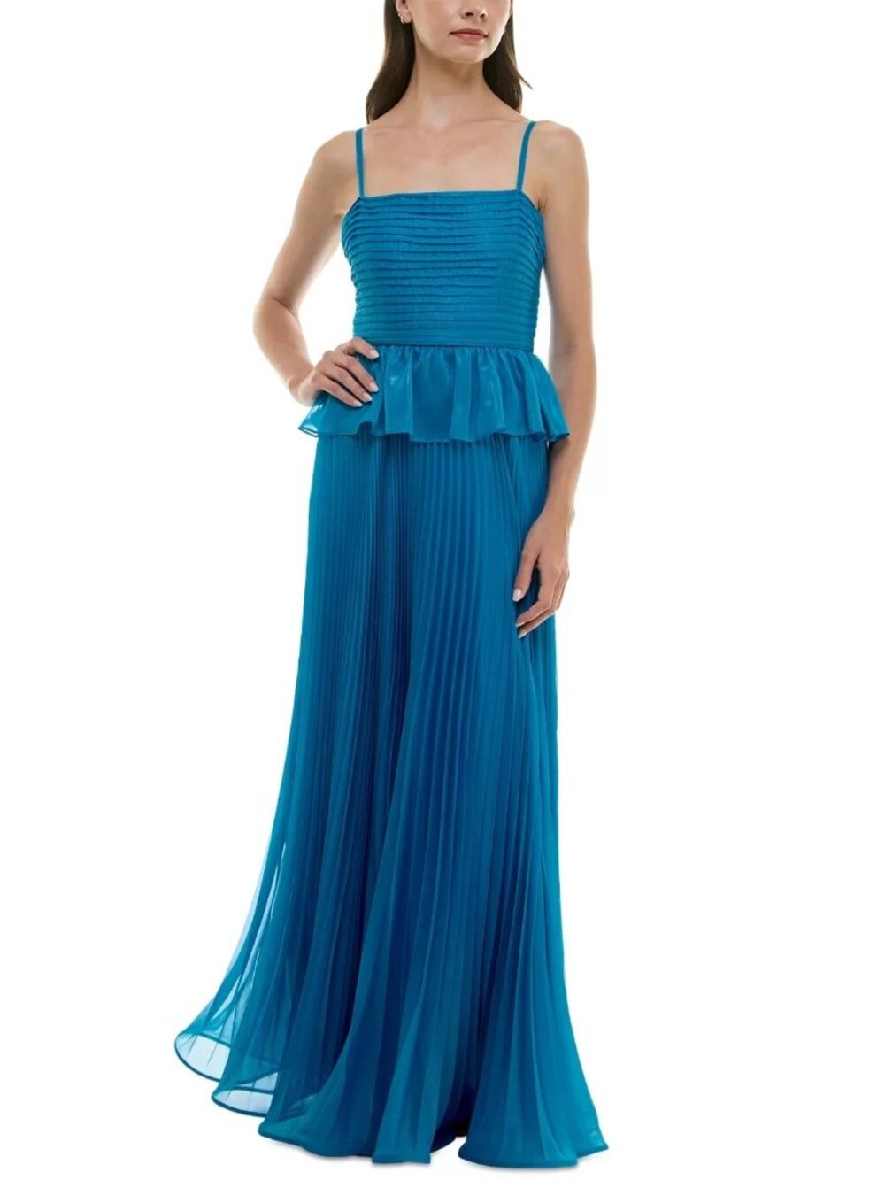Taylor Cerulean Blue Pleated Shimmer Peplum Sleeveless Gown